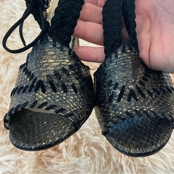 JIMMY CHOOBlack & Gold Snake Skin Print Suede Peep Toe Lace Up Heels39.5 9
